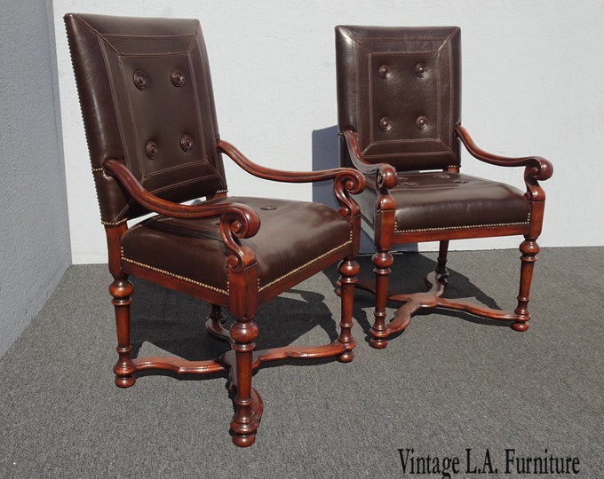 Pair Theodore Alexander Brown Leather Library Side Chairs French Traditional