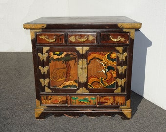 Antique Side Table Oriental Asian Hand Painted Cabinet End Table Brass Hardware