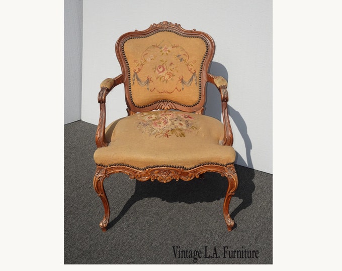 Vintage French Country Rococo Louis XV Ornately Carved Needlepoint Chair Asis