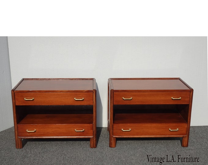 Pair of Vintage Mid Century Modern McGuire Nightstands Side Tables w Two Drawers Nightstands End Tables