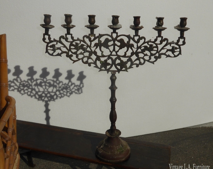 Tall Vintage Rustic Bronze Seven Candle Menorah with Lions Motif