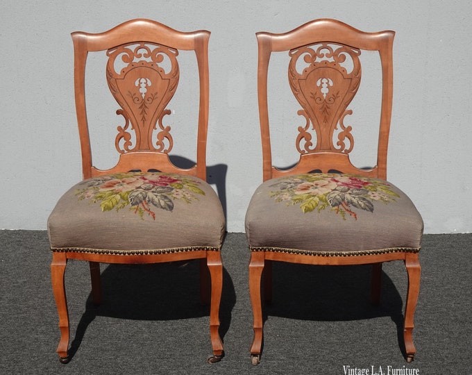 Pair of French Tapestry Chairs w Castors