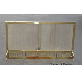 Vintage French Country Gold Metal & Brass Fireplace Screen with Metal Curtain