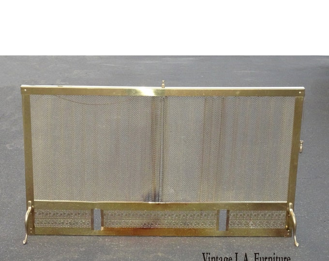 Vintage French Country Gold Metal & Brass Fireplace Screen with Metal Curtain