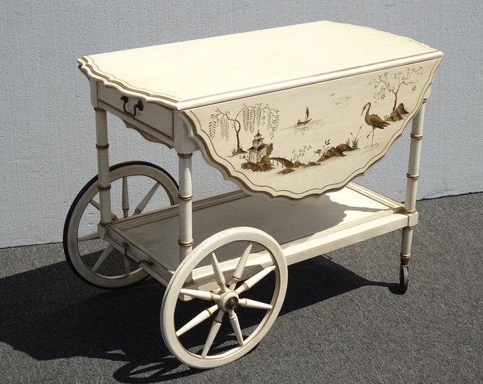 Vintage French Country Serving Cart Table w Hand Painted Drop Leaf by Hekman