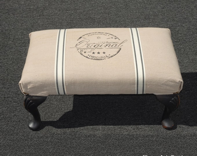 Vintage French Country Shabby Chic White Footstool w Original 'Stamped Stencil'