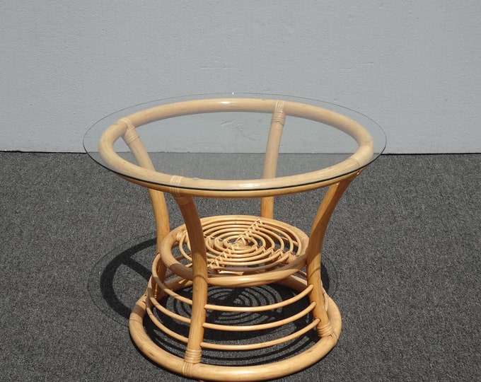 Vintage Coastal Tiki Palm Beach Style Bamboo Rattan End Table Side Table