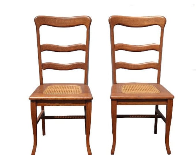 Pair Vintage French Country Oak Cane Side Chairs