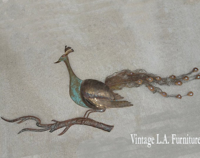 Large Wall Mantle Peacock Plaque 31"H x66 Vintage Mid Century Metal ~ Sitting on a Limb