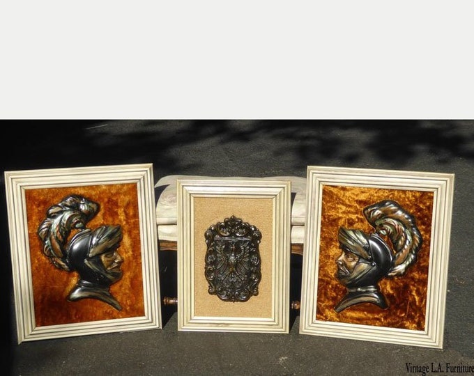 3 Vintage Mid Century Modern Medieval Knights Shield Wall Pictures Orange Velvet