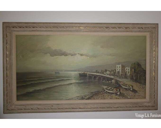 Vintage Fishing Boats Harbor Oil Painting Picture w Crackle Paint Signed Framed
