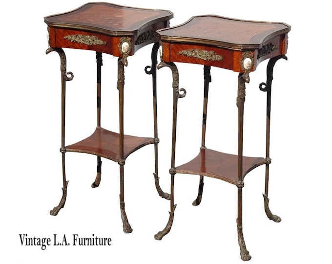 Pair Antique French Louis XVI Side Tables w Bronze Bird Legs Marquetry Ormolu & Porcelain