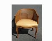 Vintage French Style Cane Tan Leather Club Accent Chair