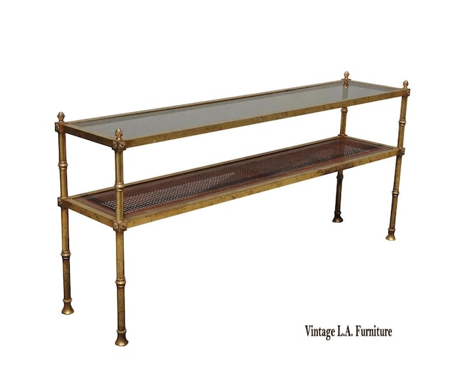 Vintage Hollywood Regency Gold Console Table Sofa Table w Cane Shelf