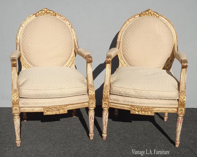 Vintage French Louis XVI Bergere Chairs Beige Silk Down & Crackle Finish Italy