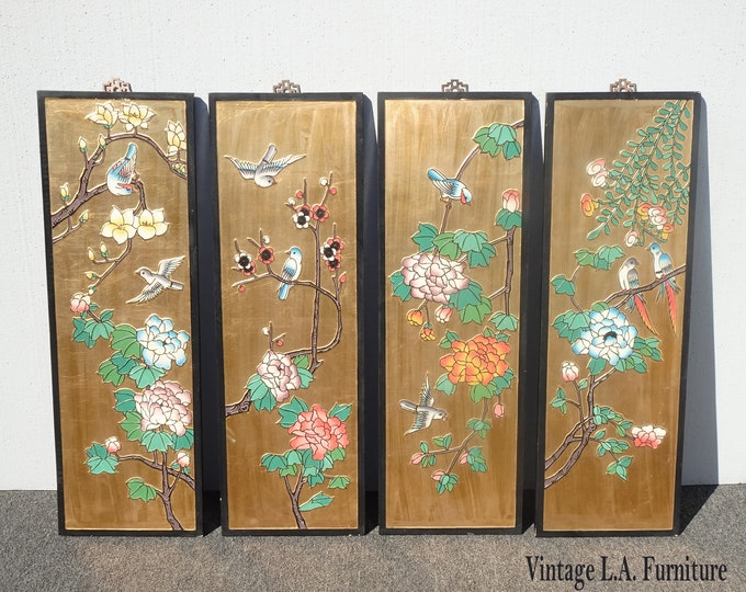 Vintage Oriental Asian Coromandel Chinoiserie Gold Four Panel Screen Floral Bird