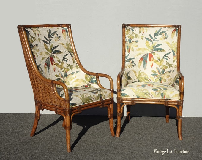 Pair Tall Back Chairs by Lexington House w Bamboo Frame Maitland Smith Style