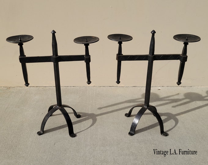 Pair Vintage Spanish Style Black Candle Holders ~ Wrought Iron