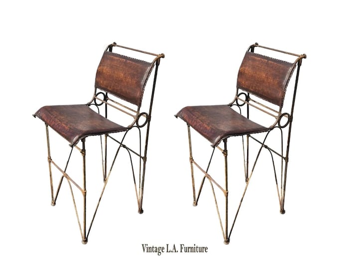 Pair of Vintage IIana Goor Brown Leather Barstools Bar Stools