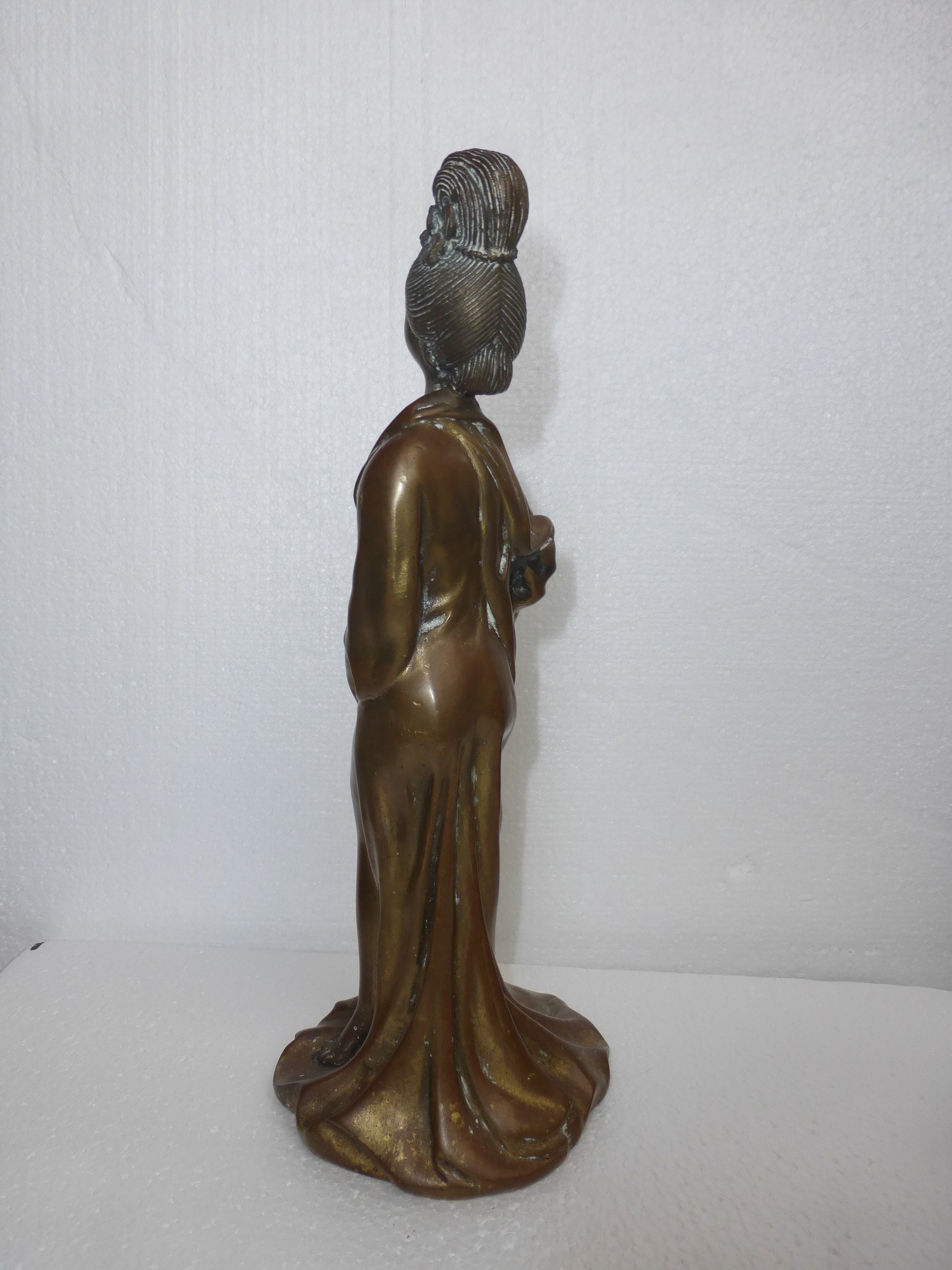 Vintage Bronze Sculpture Oriental Asian Woman Statue Poised Half Draped