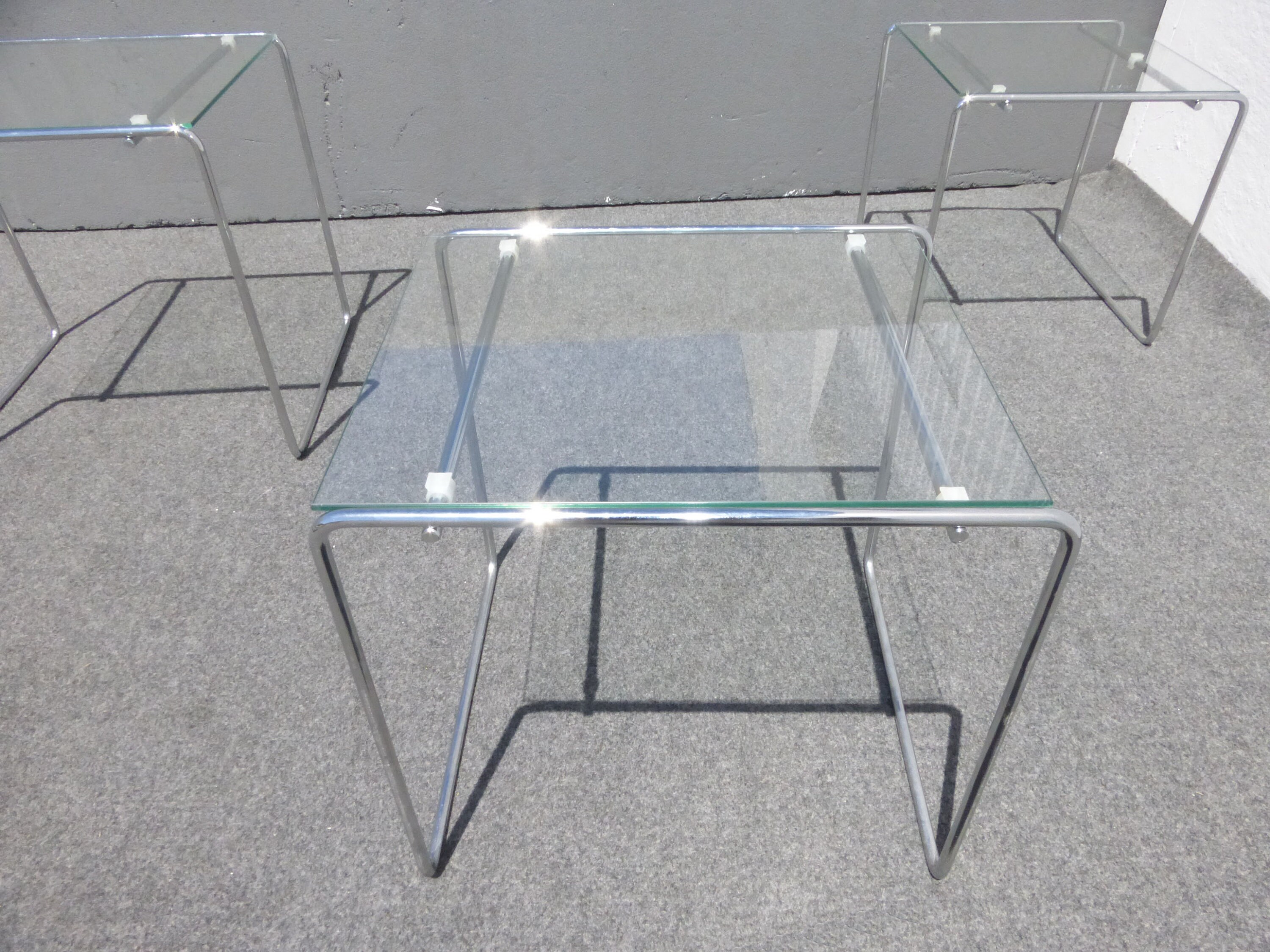 Three Vintage Contemporary Style Chrome & Glass Top Nesting Tables End