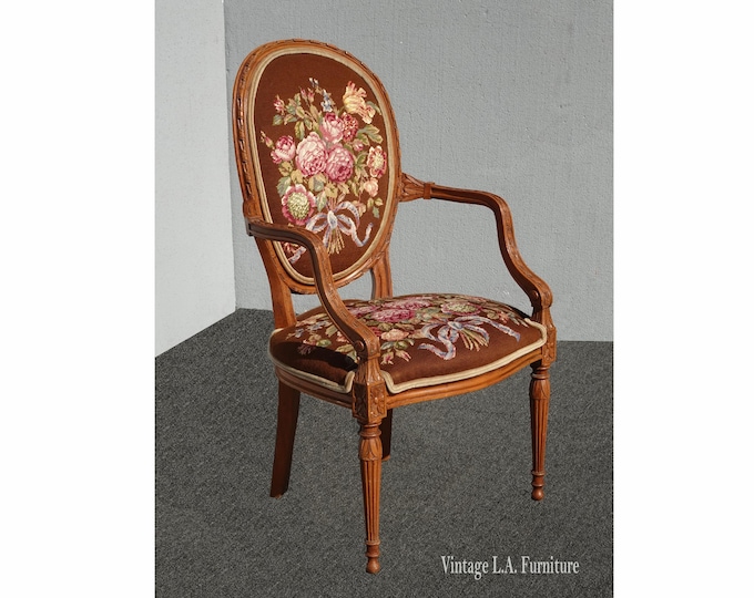 Vintage French Provincial Brown Floral Needlepoint Tapestry Bergere Chair