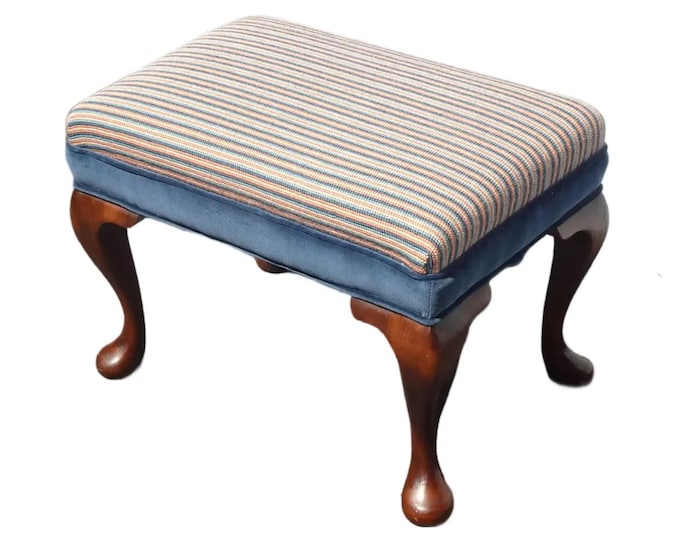 Vintage Queen Anne Blue Stripped Footstool Bench