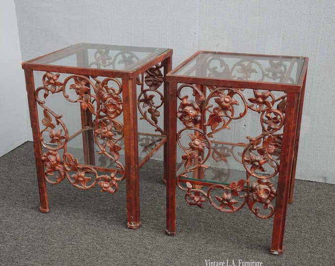Pair of Ornate Floral Metal Brown End Tables ~ Nightstands French Country