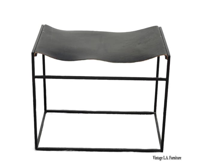 Black Bench with Leather Seat Stool w Metal Frame #2