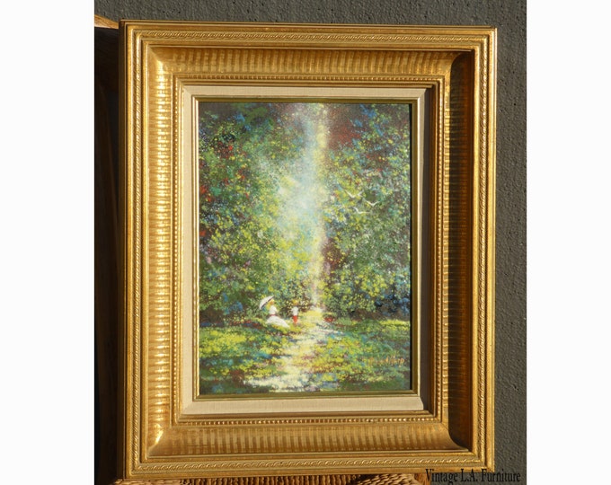 David Karp Woman w Umbrella Child Garden Scene Enamel on Copper Painting Picture