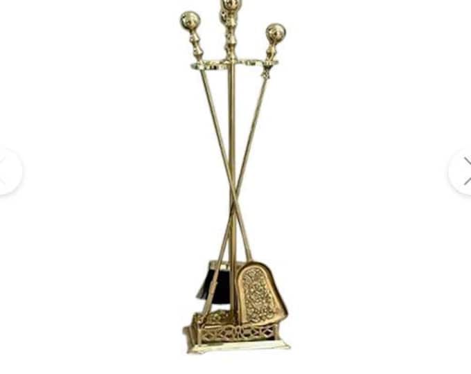 Vintage Brass Fireplace Tool Set With Ball Handles and Three Tools