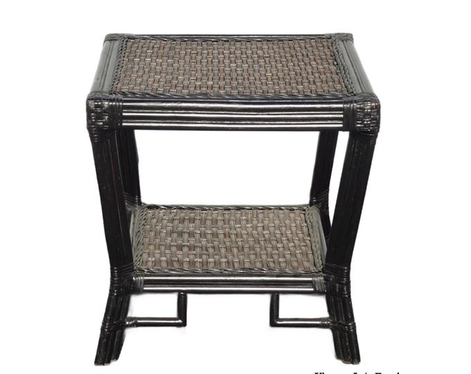 Black Vintage Chinese Chippendale Bamboo Rattan End Table