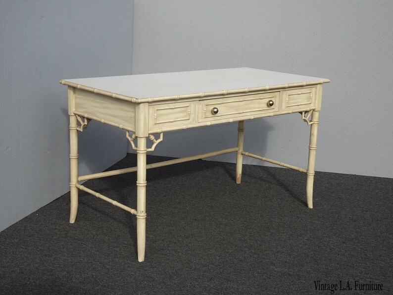 Vintage Chinese Chippendale Chinoiserie Off White Writing Desk Etsy