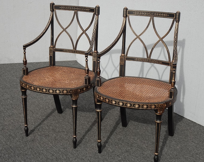 Pair of Vintage French Style Hand Painted Cane Arm Chairs ~ Alfonso Marina