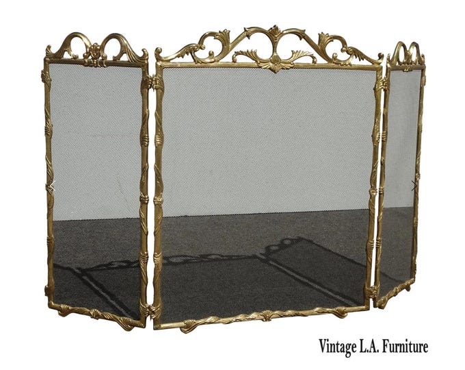 Vintage French Country Brass W Mesh Three Panel Fireplace Screen