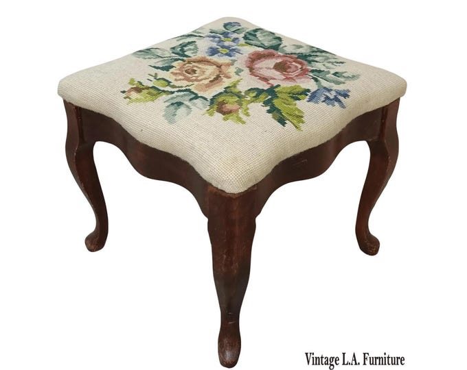 Vintage French Provincial Floral Queen Anne Needlepoint Footstool ~ Bench