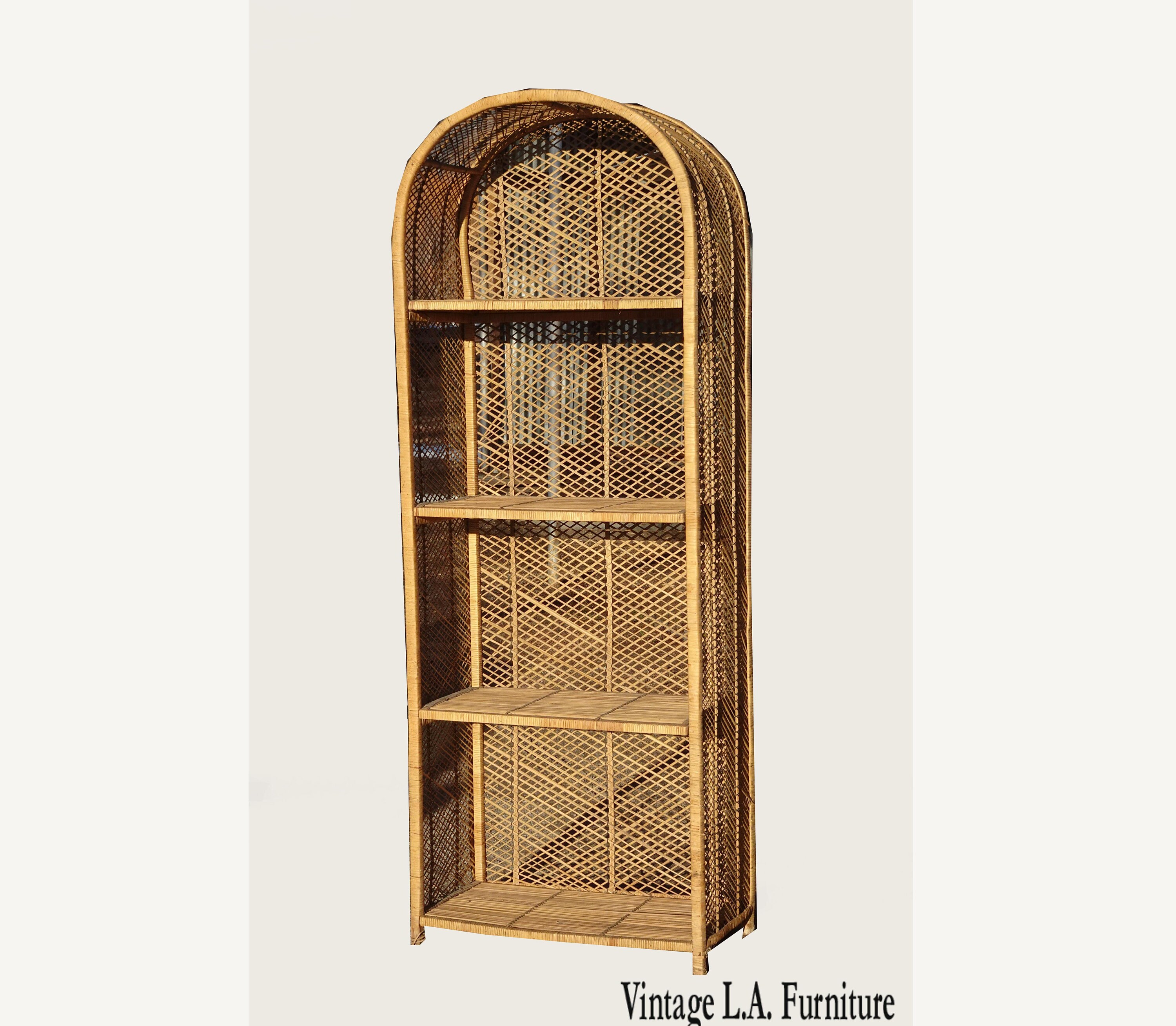 Vintage French Country Rattan Bookcase w Four Shelves