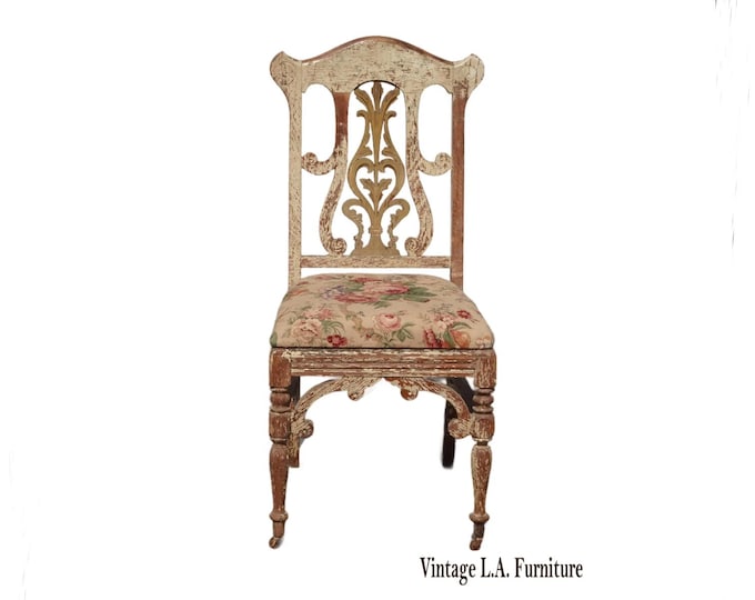 Antique French Country Unique Crackle Chair w Floral Fabric Front Caster Wheels