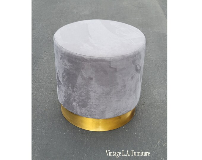 Mid Century Hollywood Regency Gray Velvet Bench Ottoman w Gold Base 2of3