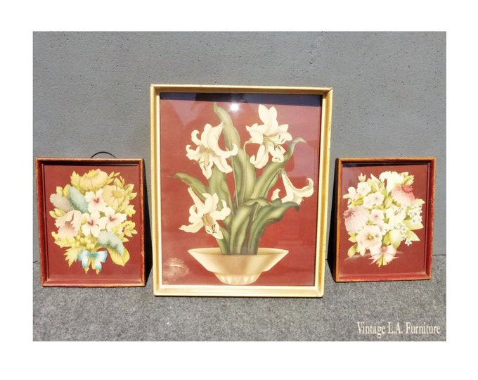 Set of Three Vintage Collage Framed Floral Prints Mid Century Modern Set