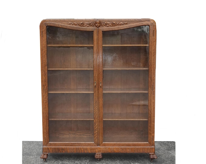 Antique French Carved Quarter Sawn Tiger Oak Bookcase ~Double Door Curio Cabinet