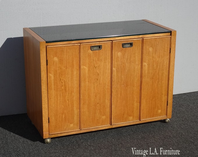 Vintage French Country Server Sideboard Cabinet by Bernhardt w Black Glass Top