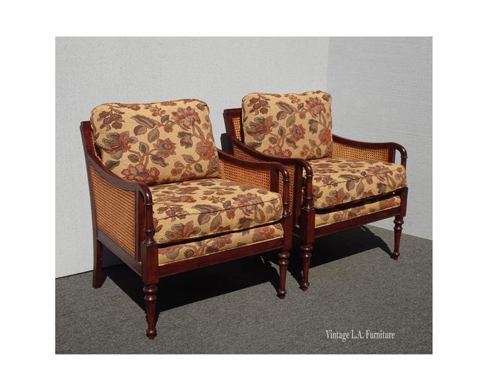 Pair of Baker Furniture Cane Lounging Chairs w Down Feathers & Floral Fabric