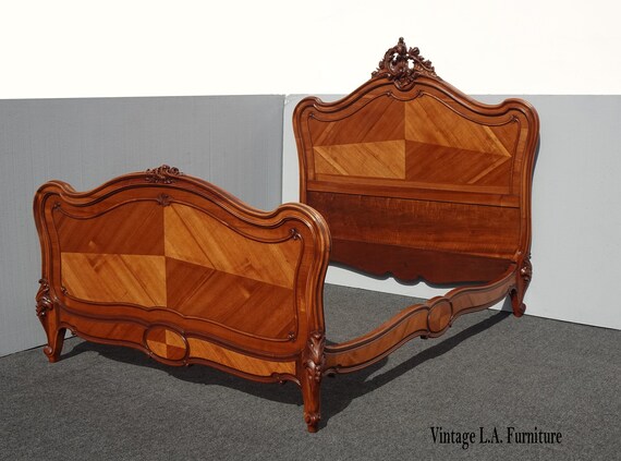 Vintage French Louis XVI Rococo Ornate Brown Full Headboard Bed