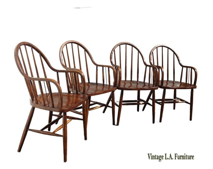 Set of Four Vintage French Country Oak Spindle Dining Arm Chairs ~ Distressed