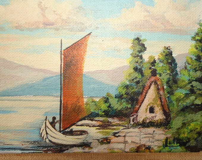Vintage Oil Painting Picture of Boat and Hut Artist Signed