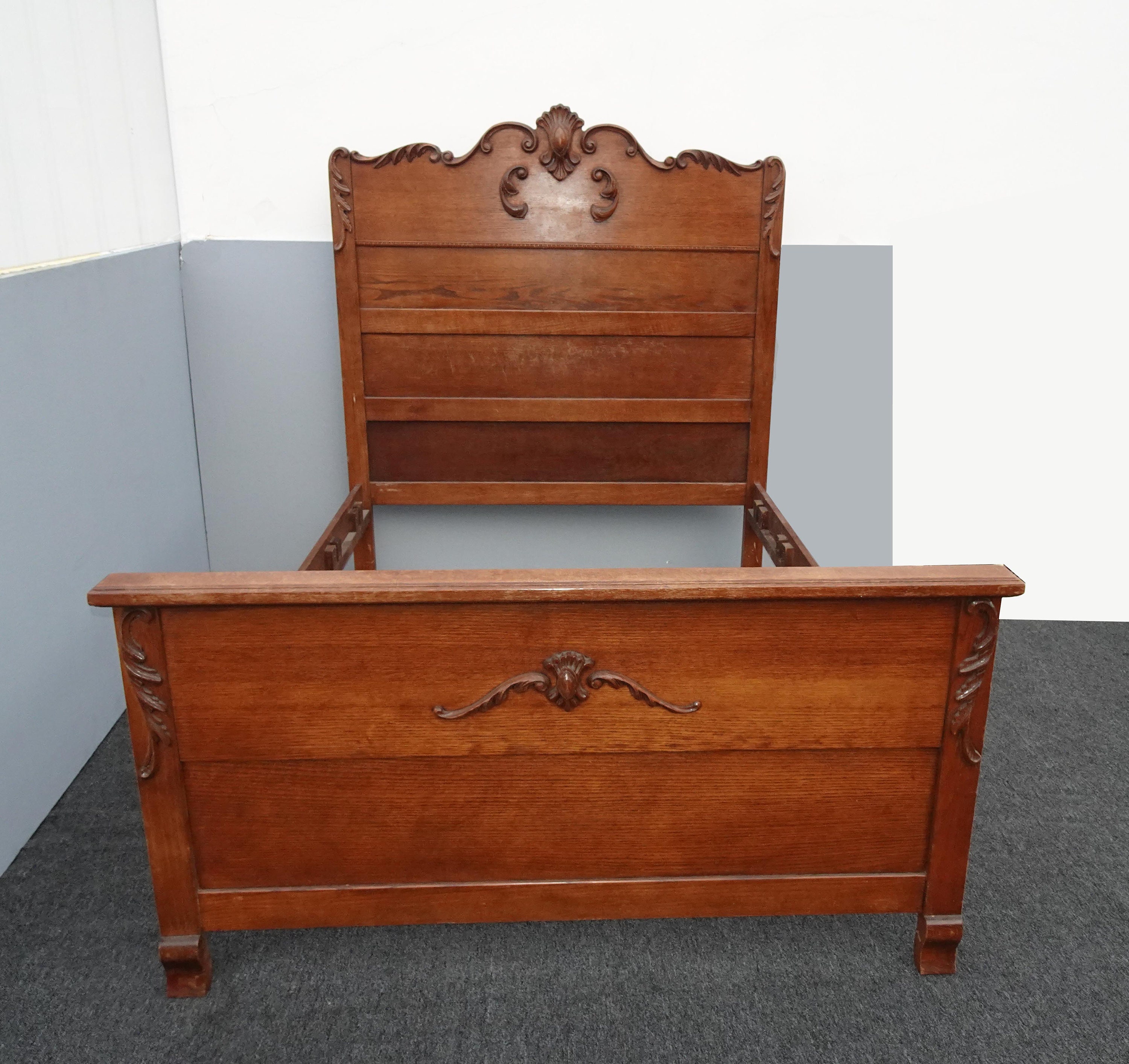 Antique French Country Oak Wood Bed Frame Full Headboard w Scrolled Onlays