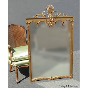 Vintage French Provincial Style Arched Gold Gilt Floral Motif Wood Wall Mirror