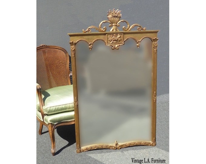 Vintage French Provincial Style Arched Gold Gilt Floral Motif Wood Wall Mirror