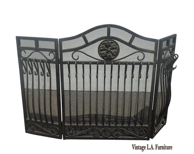 Vintage Spanish Style Black Iron Three Panel Fireplace Screen
